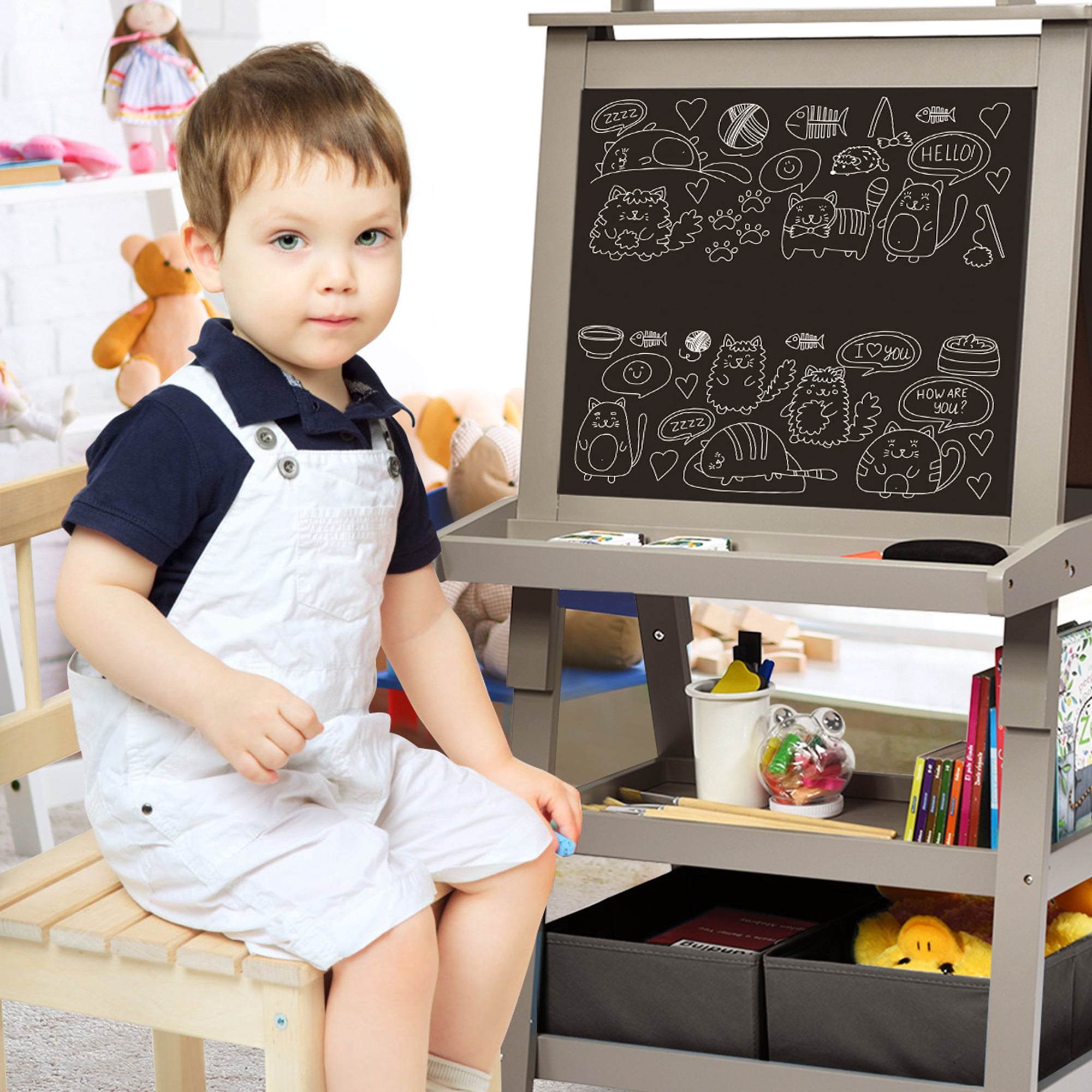 Costway 3 in 1 Double-Sided Wooden Kid's Art Easel Whiteboard Grey