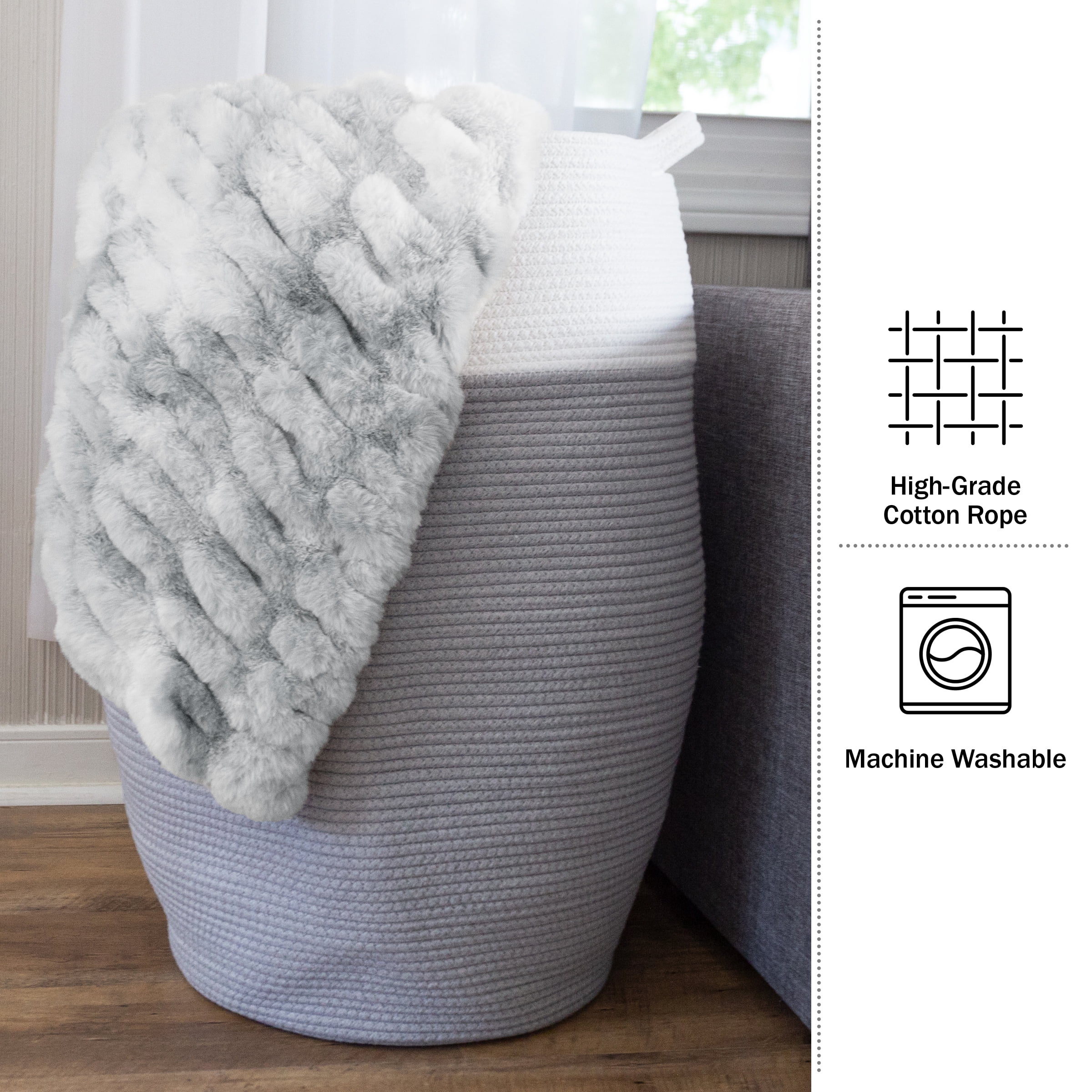 Home-Complete Cotton Rope Laundry Basket with Handles for Adult and Kids, Gray
