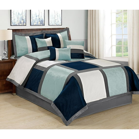 Unique Home 7 Piece BRANDY Big Square Clearence Patchwork Comforter Set- Queen King Cal.king Size (King, Blue)