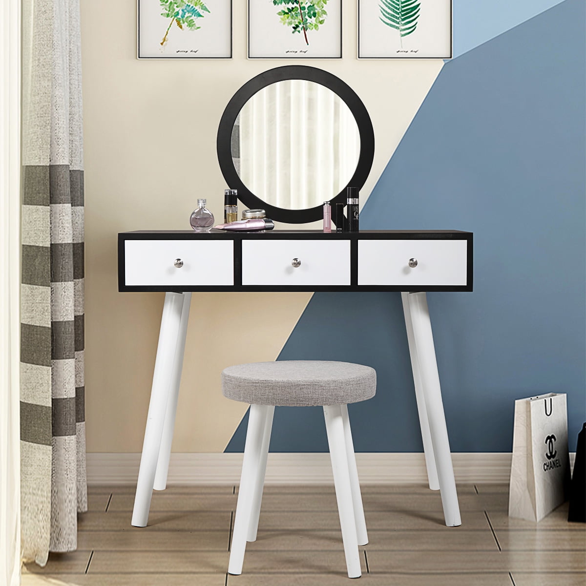 Jaxpety Dressing Table Makeup Vanity Jewelry Organizer Desk with Round