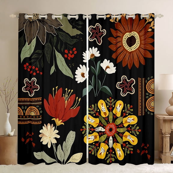 Homewish Rustic Flower Floral Black Out Curtains,Ancient Boho Style Curtains Pack of 2 (42x63 Each),Black Red Orange Bedroom Curtains For Adult,Breathable Home Decor