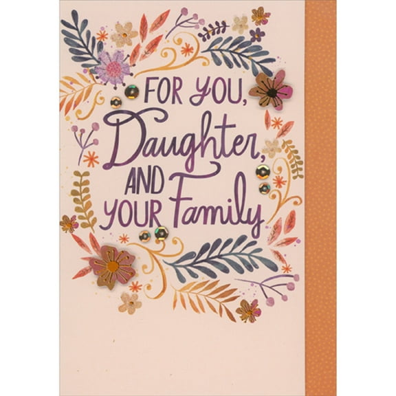 Designer Greetings Pink 3D Die Cut Flowers with Orange Foil, Sequins and Oval Frame of Foliage Hand Decorated Thanksgiving Card for Daughter and Family