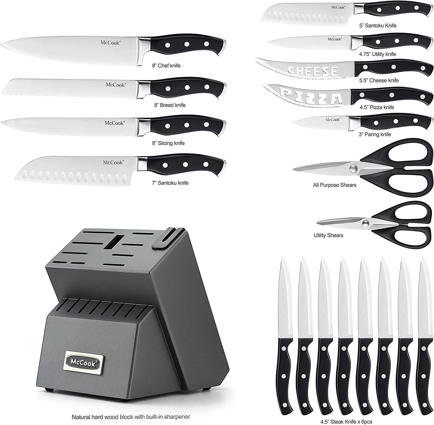 McCook® MC21G Knife Sets,15 Pieces Luxury Golden Titanium Kitchen