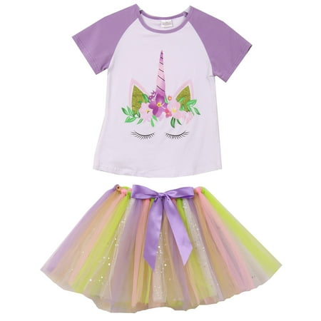 - Toddler Girls 2 Pieces Skirt Set Unicorns T-Shirt Top Tutu Tulle Skirt Set Outfit White 2T XS (P201377P)