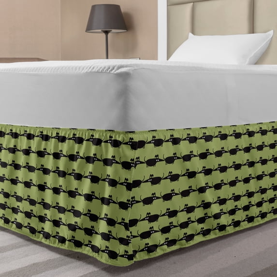 Dog Bed Skirt, Pattern of Sausage Puppy Silhouette Dachshund Funny Cartoon Artwork, Elastic Bedskirt Dust Ruffle Wrap Around for Bedding Decor, 4 Sizes, Apple Green and Charcoal Grey, by Ambesonne
