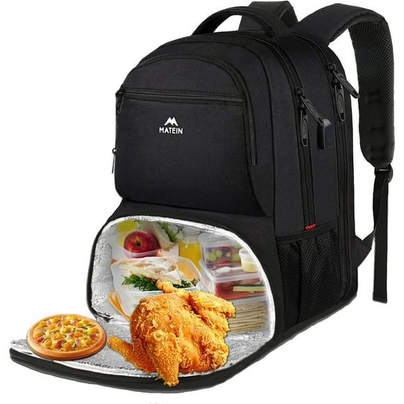 Lunch Backpack for Men, 17 Inch Insulated Cooler Backpack Lunch Box Backpack with USB Charging Port, Water Resistant Computer Daypack College Laptop Backpack for Travel Picnic Work, Black