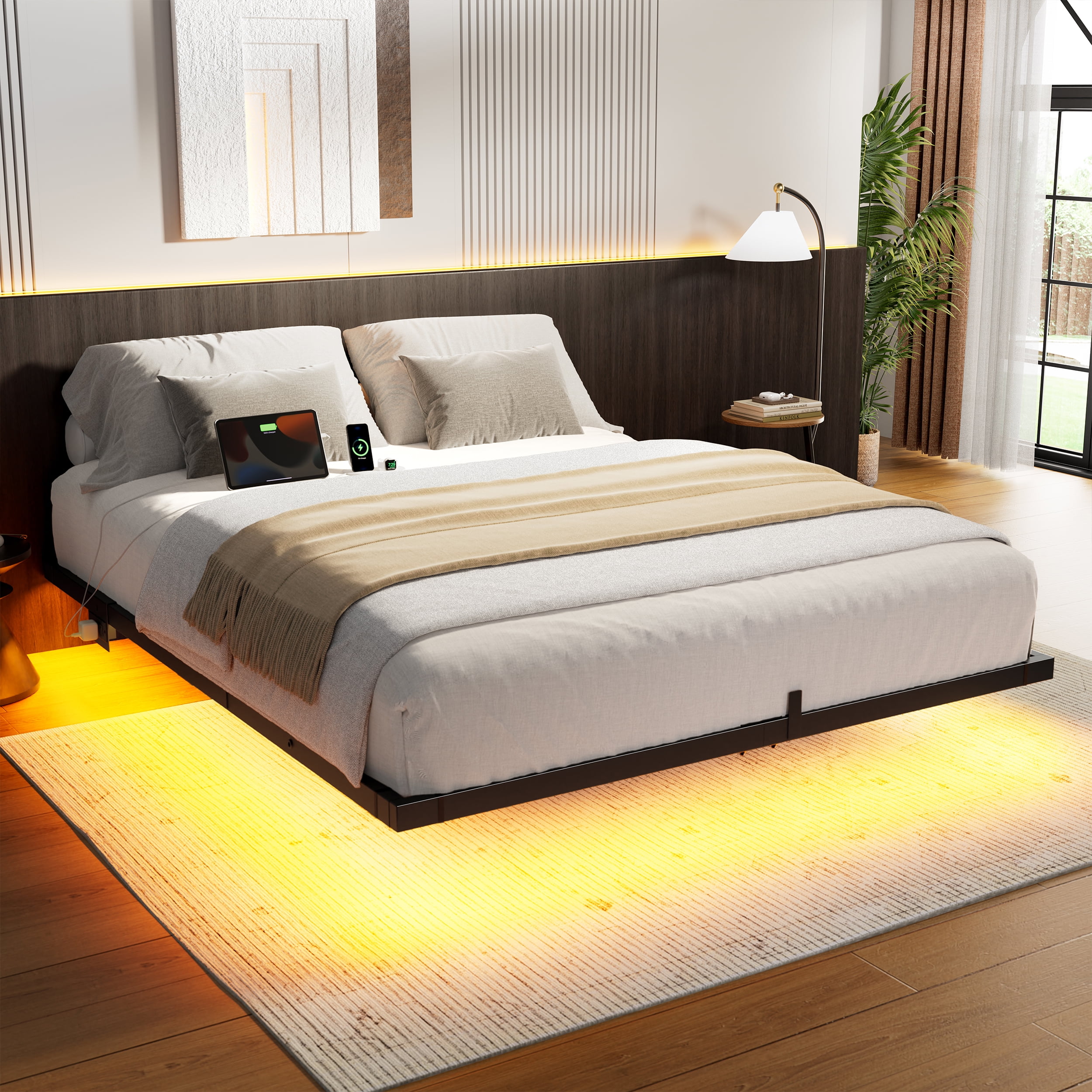 KOUSEI Floating Bed Frame Queen Size Metal Platform Bed with LED Lights & Charging Station Modern Bed No Box Spring Required，Black
