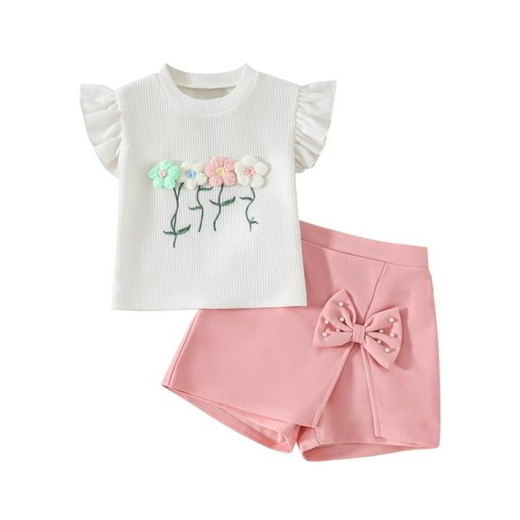 QTOCIO Toddler Girls Outfits, Kids Girl Clothes, Summer Girls' New Flower Round Neck Flying Sleeve Top Half Skirt Pants Knot Nail Bead Set, Pink, 12 Months