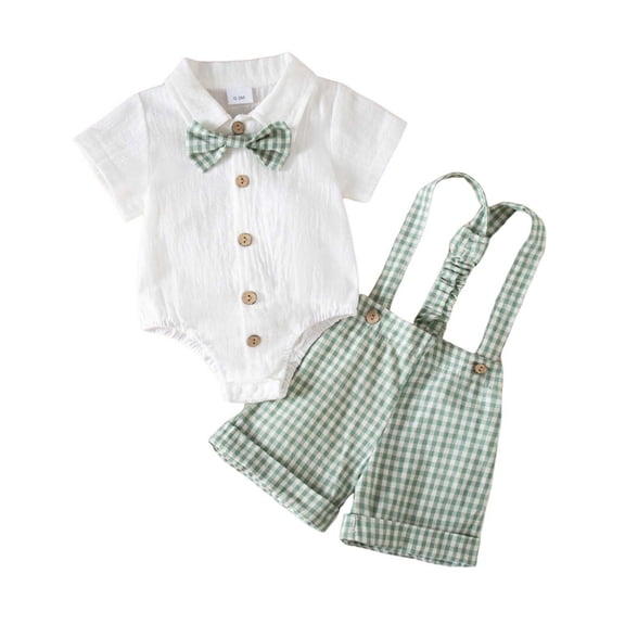 hoksml Unisex Baby Bodysuit and Suspender Shorts Set, Plaid Bow Tie Outfit, Infant Formal Summer Wear