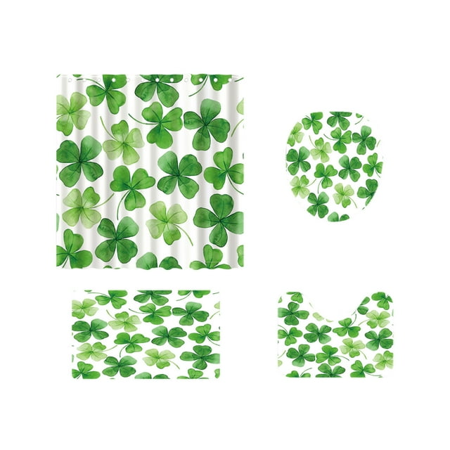 Ohufall 4Pcs St Patricks Day Decorations Green Home Decor Shamrock Decor Waterproof Polyester Shower Curtains Set With 12 Hooks Bathroom Divider