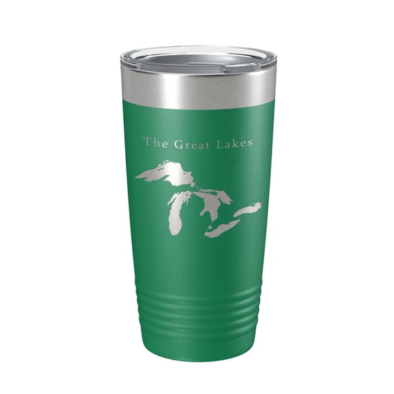The Great Lakes Map Tumbler Travel Mug Insulated Laser Engraved Coffee Cup Superior Michigan Huron Erie Ontario 20 oz Green