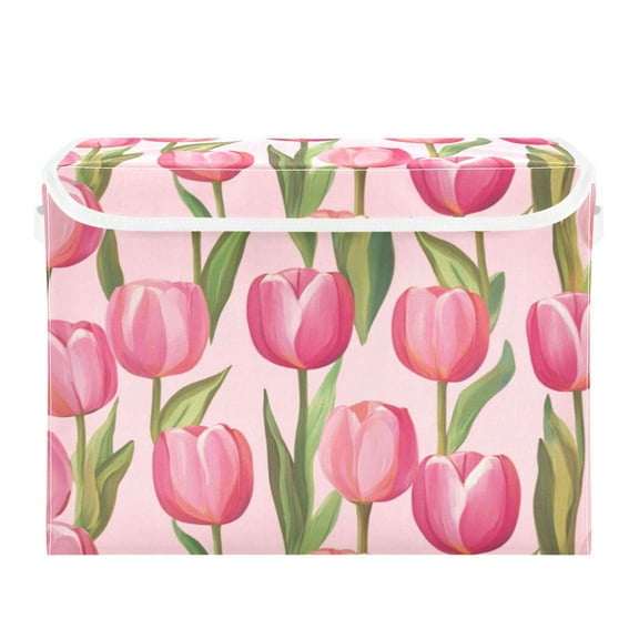 Storage Box With Lid 16.5x12.6x11.8In Foldable Stacked Household Storage Box Pink Tulips3