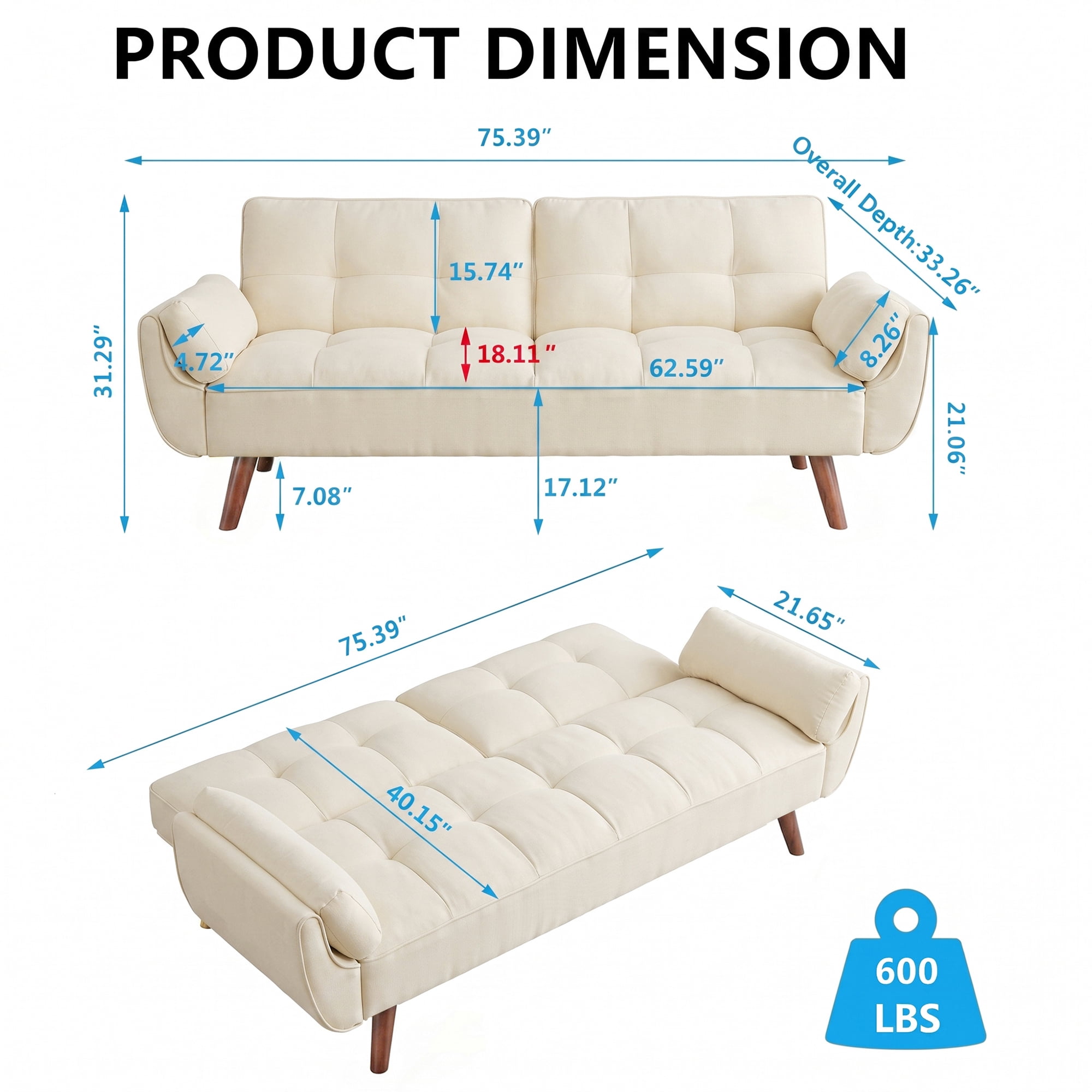 Aukfa 75" Pillow Top Arm Futon Convertible Sofa Bed, Tufted Loveseat Sleeper Couch for Home Office, Linen, Beige