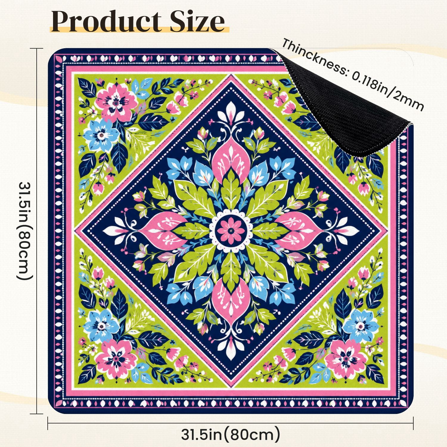 Mahjong Mat 31.5" x 31.5" Floral Pink Blue Green Leaves Flowers Navy Non-Slip Noise Reduction Mahjong Tiles Table Cover for Dominoes Poker Card Board and Tile Games