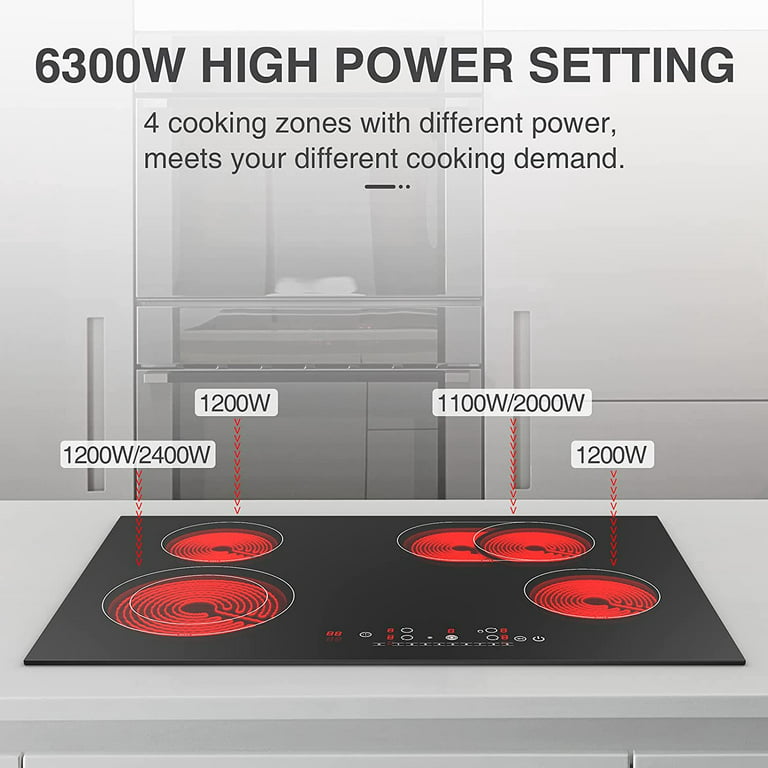 Weceleh Electric Cooktop 30 Inch, Built-in Ceramic Cooktops 6400W, Electric  Stove Top with 4 Electric Burners, 9 Heating Level, Kid Safety Lock