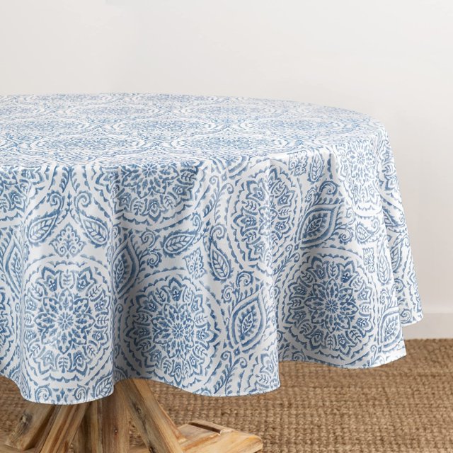 Mantel de Vinilo de Resistente al Agua y a Las Manchas con Respaldo de Franela, 70 x 70 Pulgadas, Redondo, Azul
