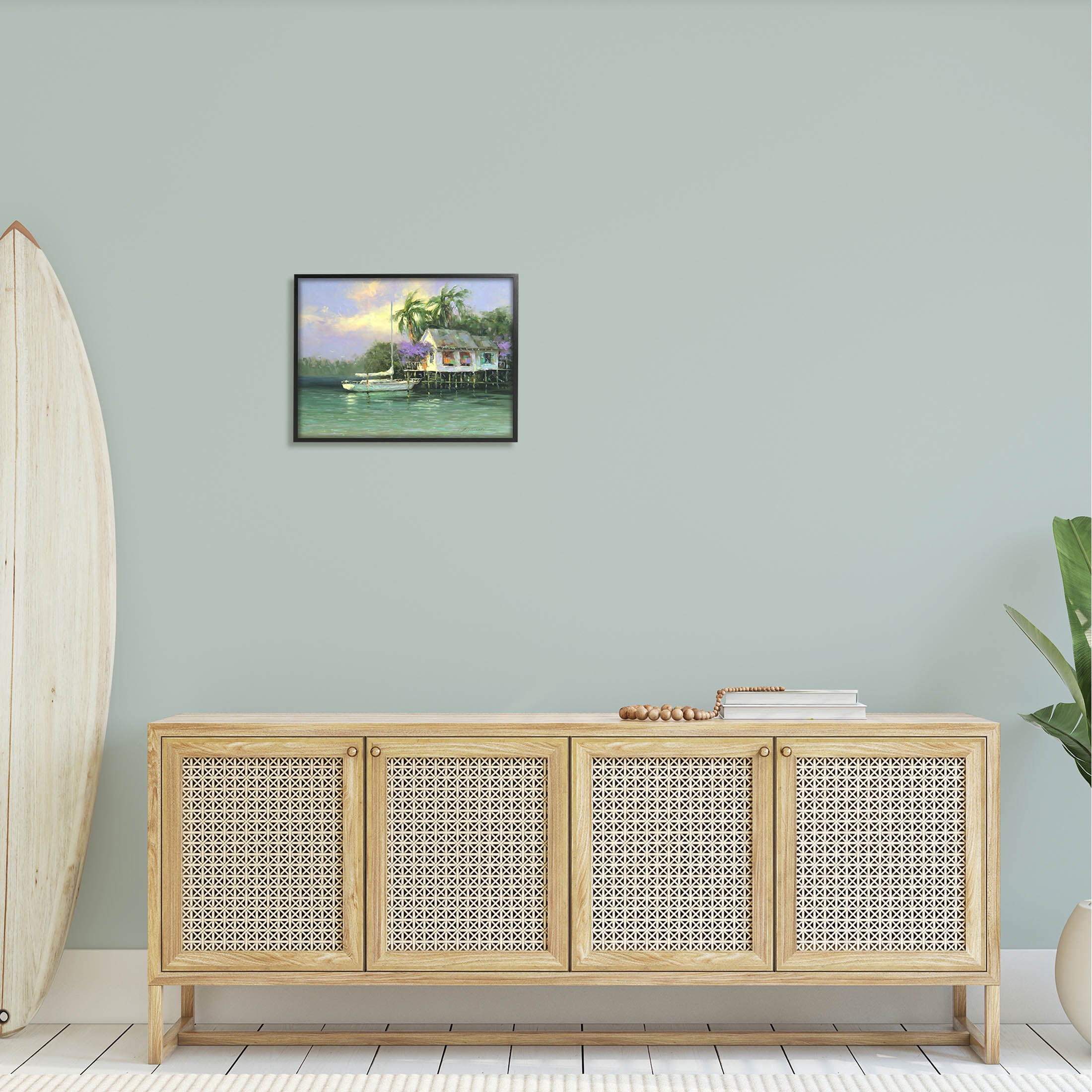 Summer Ocean Pier Palm Trees Landscape Painting Black Framed Art Print Wall Art