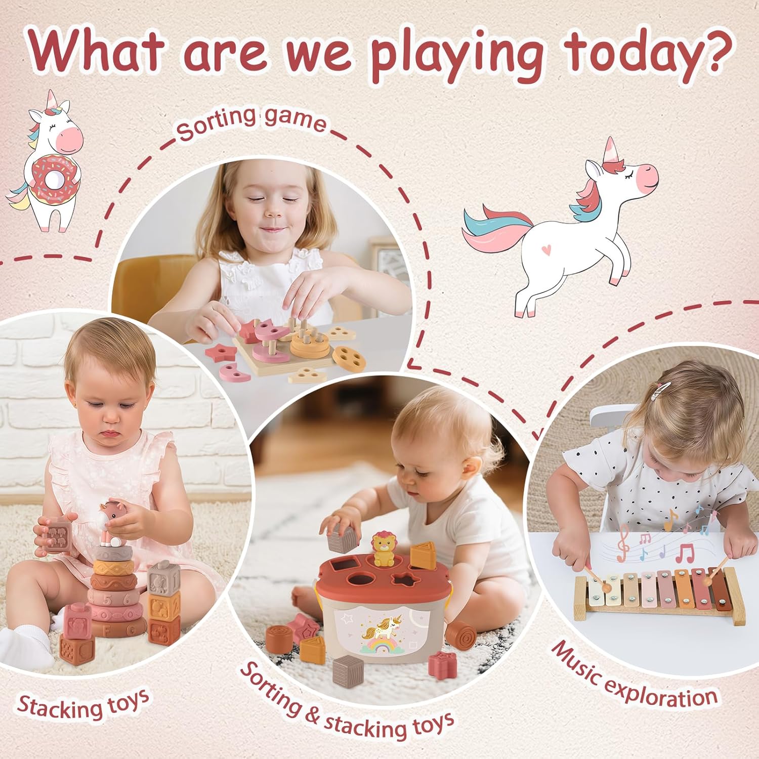 5-in-1 Montessori Baby Toy Set for 6-12 Months, Shape Sorter, Stacking Rings, Soft Blocks, Wooden Activity Toy and Xylophone, Sensory Development and Educational Gift for Infants and Toddlers