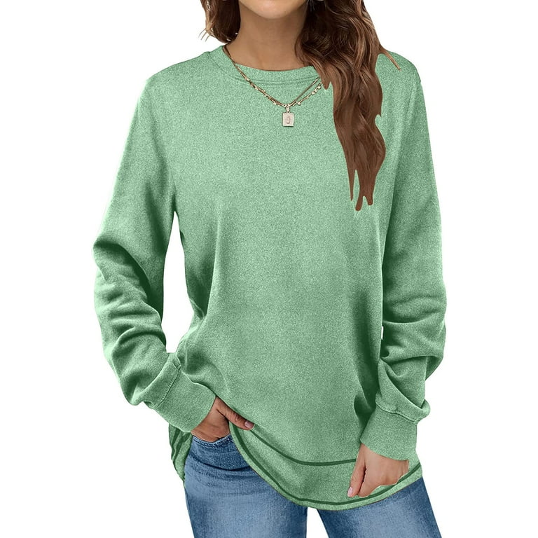 RQYYD Long Sleeve Crewneck Fleece Sweatshirt for Women Casual Solid Pullover Tops Fall Winter Tunic Tops Mint Green L