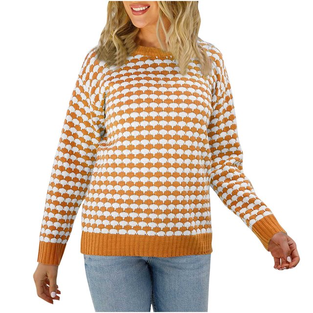 Vestes pour Femmes Mode Automne 2024 Hauts à Manches Longues pour Femmes Chandail Tricoté Col Rond Chandail Léger Hauts pour Femmes S-182 Orange TG