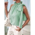 thumbnail image 6 of Women's Sleeveless Striped Ruffle Tank Tops High Necked Tie Top Blouse for Daily Wear Light Green L, 6 of 10
