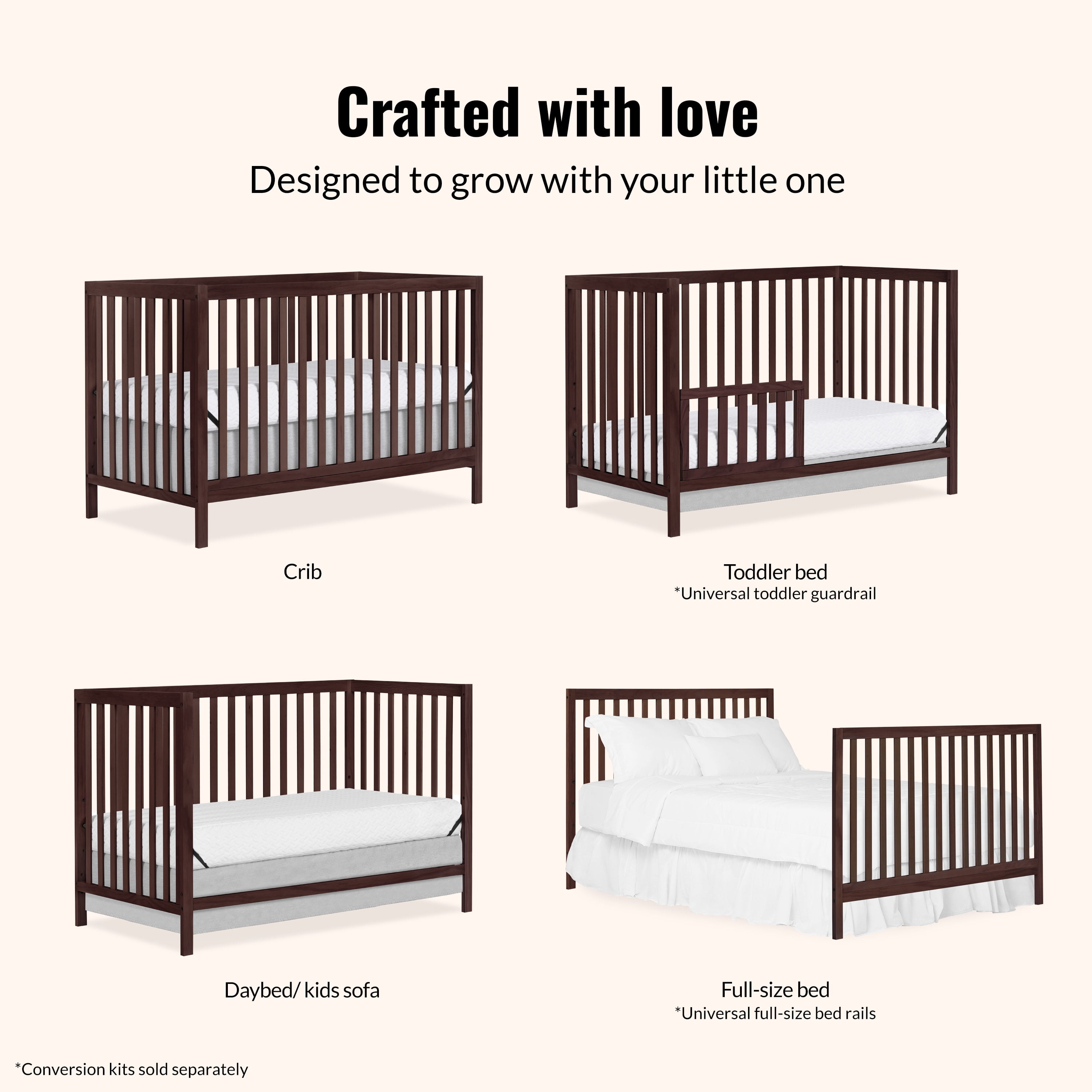 Dream On Me Synergy MOD 5-in-1 Convertible Crib, Converts from Baby Crib to Toddler Bed, Day Bed, Kids Bed and Full Size Bed, Three Adjustable Mattress Height Positions, Espresso