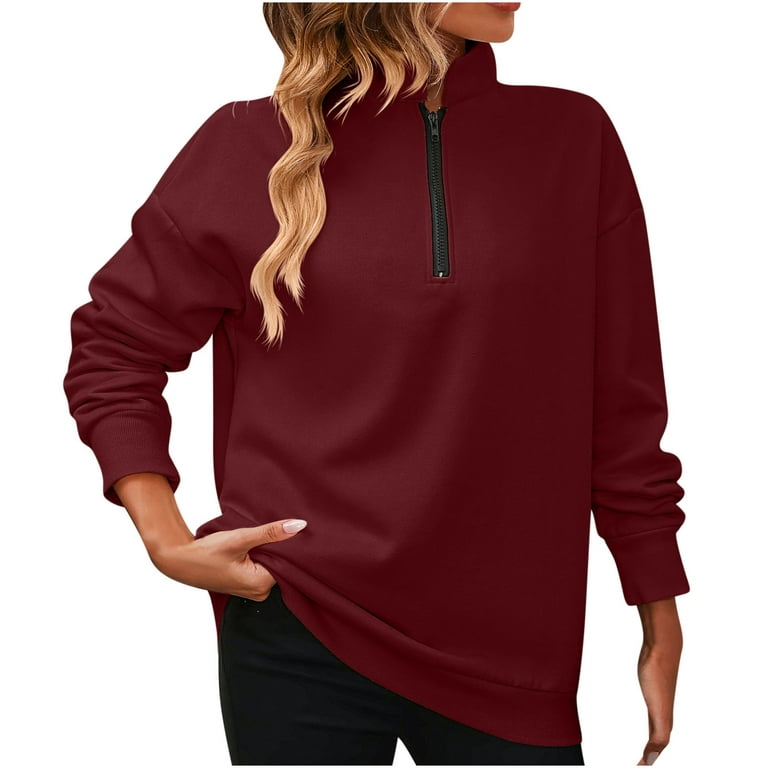 UHUYA Womens Sweatshirts Half Zip Pullover Shirts Fall Winter Clothes  Oversized Sweatshirt Casual Solid Color Long Sleeve Pullover Hooded Tops  Wine S US:4 