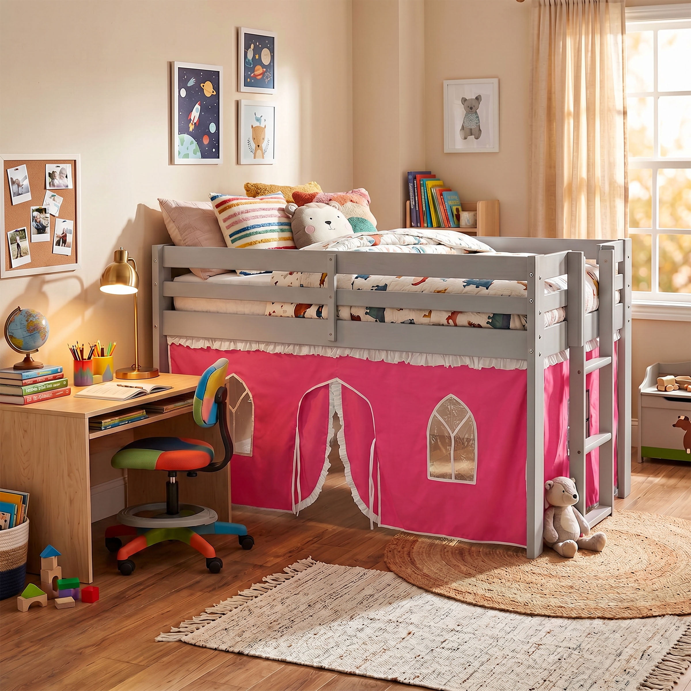 Alaterre Furniture Jasper Twin Junior Loft Bed, Dove Gray Frame and Pink/White Bottom Playhouse Tent