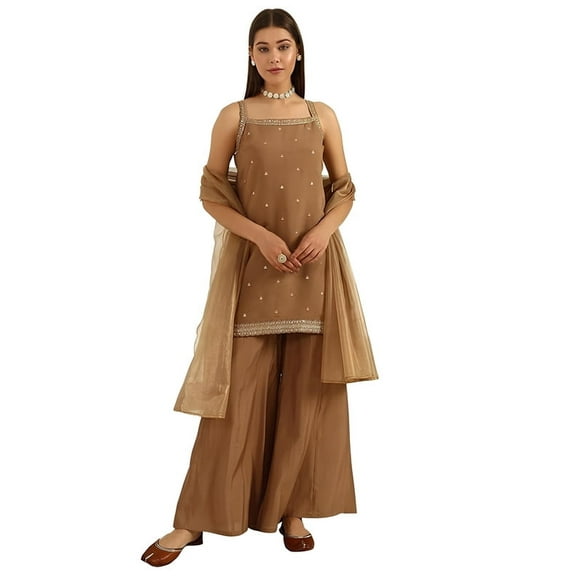 FIORRA Women's Brown Viscose Chanderi Straight Kurta with Palazzo and Dupatta - Indian Ethnic Traditional Wear Kurta Set