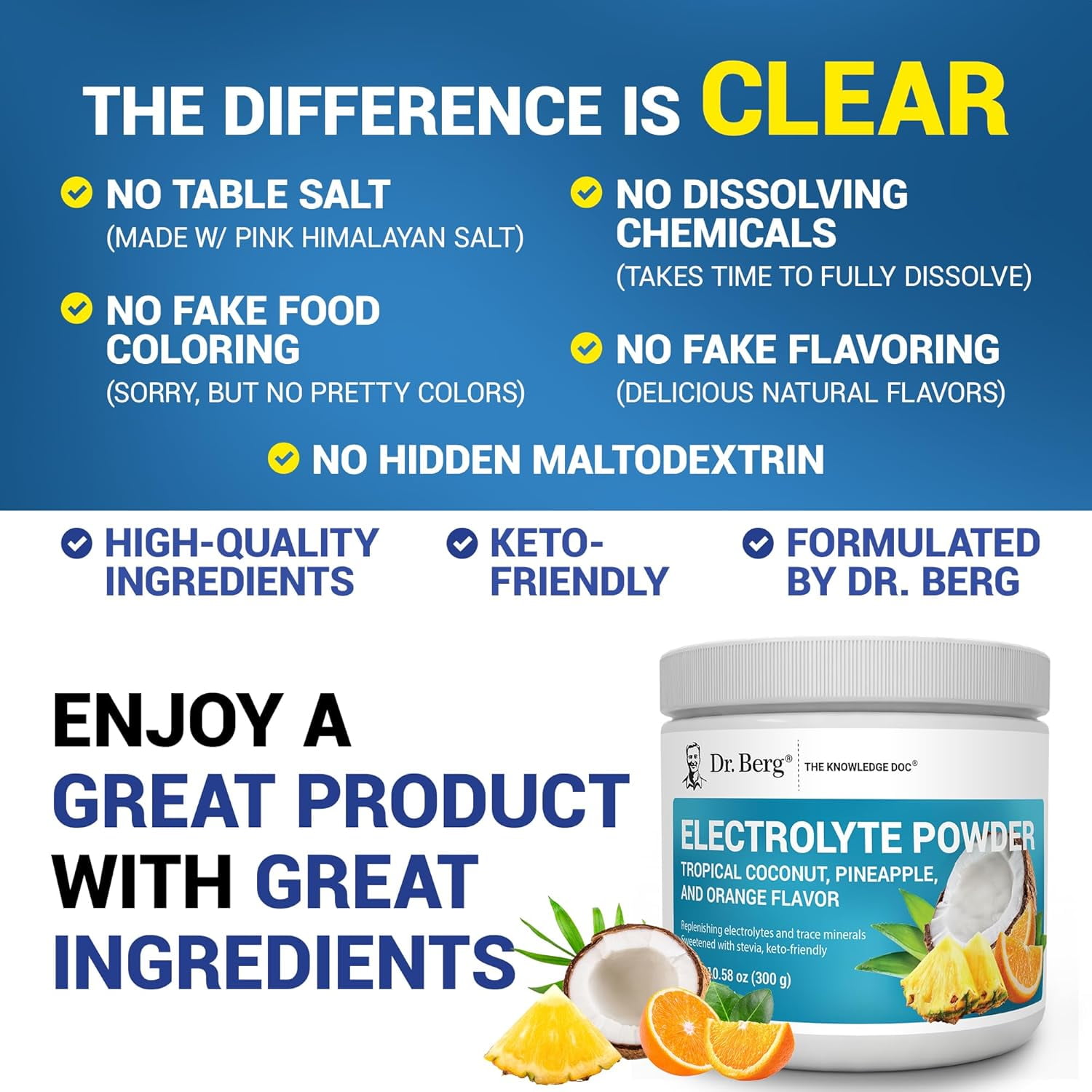 Dr. Berg Electrolyte Powder - Tropical Coconut, Pineapple & Orange Hydration Powder, 50 Servings