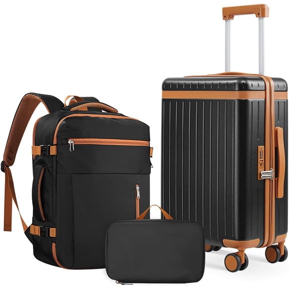 Luggage Sets 3 Piece, Carry On Luggage 20In With Spinner Wheels, PC Hardside Suitcase Set with TSA Lock, Durable Airline Approved Suitcase with Travel Backpack - Black
