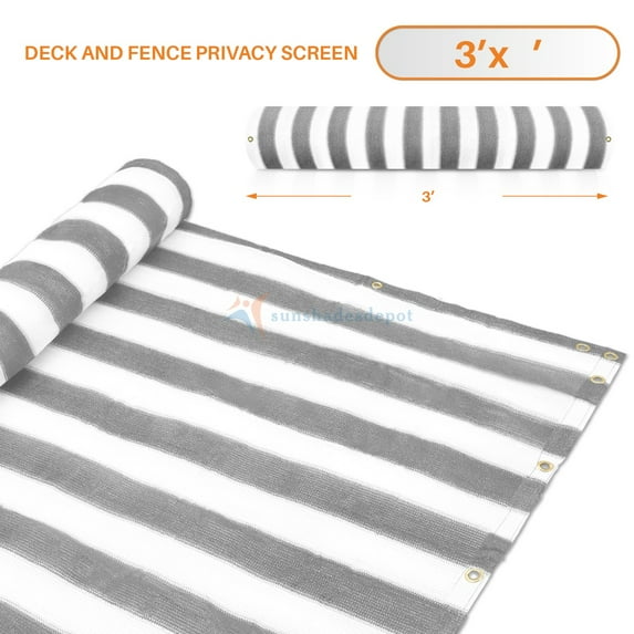 3' x 111' Gray (Grey) with White Stripes Residential Commercial Privacy Deck Fence Screen 160 GSM Weather Resistant Outdoor Protection Fencing Net for Balcony Verandah Porch Patio Pool Backyard Rails