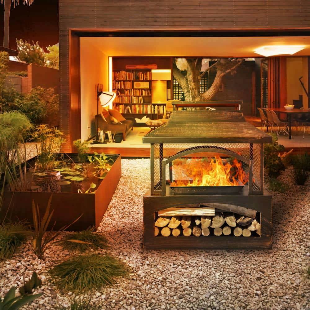 Spaco Rectangular Metal Log Burner Fire Pit with Built-in Log Storage, Outdoor Wood-Burning Fireplace, Fire Pit for Outdoor, Brown