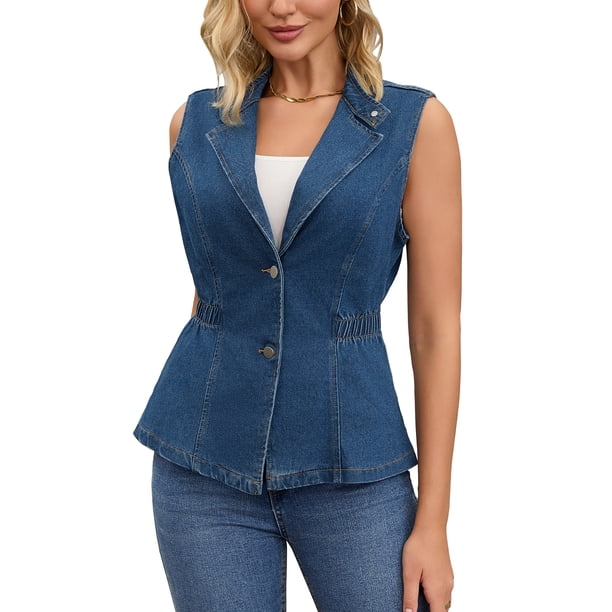CHALECO DE DENIM PARA MUJER INSPIRADOR CHIC, CON BOTONES, CUELLO DE SOLAPA, CINTURA ELÁSTICA, SIN MANGAS, CHAQUETAS DE JEAN, TAMAÑO L, AZUL OSCURO