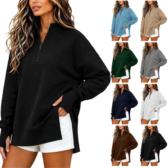Women Sweatshirt Sevevn Quarter Zip Stand Collar Oversized Tunic Fit Fleece Fabric Side Slit Thumb Hole Long Sleeve For Daily Casual Lounging Wear