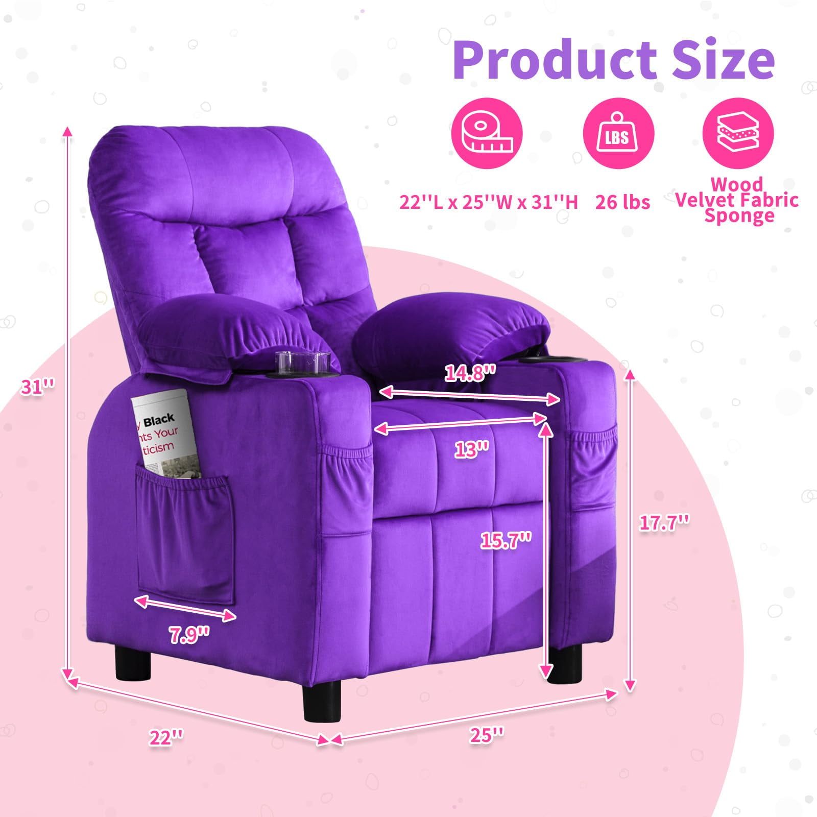 Linor Kids Recliner Chair, Adjustable Velvet Lounge with Cup Holder, Footrest, Side Pockets, Purple