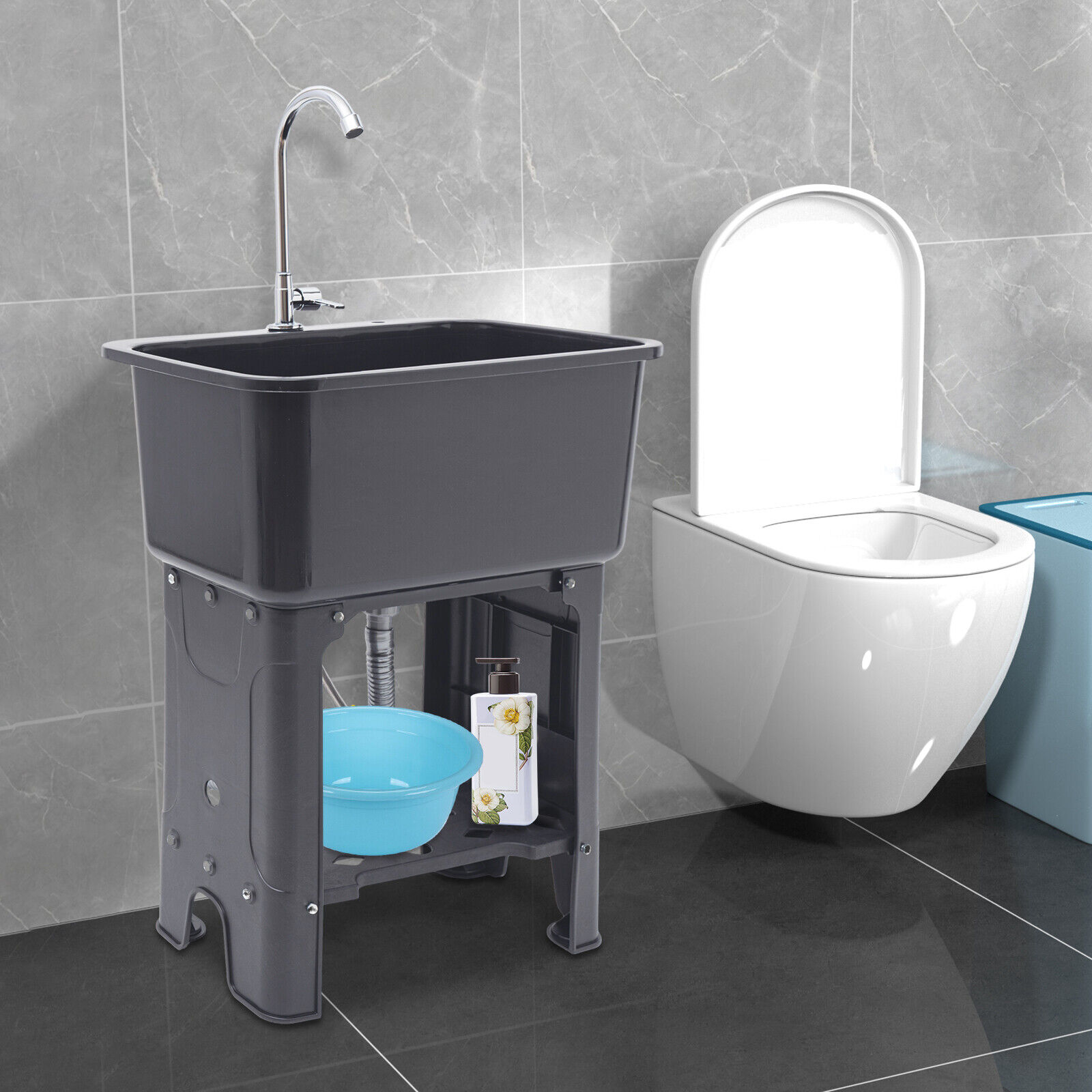 TFCFL 1-Compartment Freestanding Utility Sink Laundry Sink w/Faucet Washboard & Drain for Washing Room Basement Garage