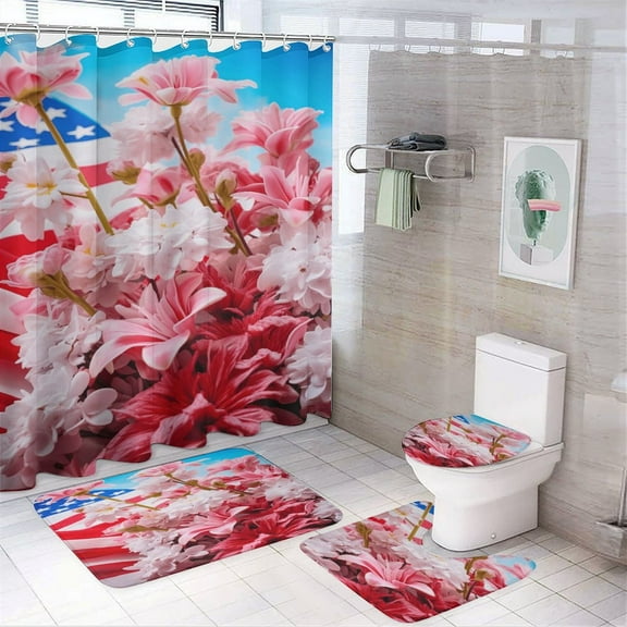 Independence Day Of The United States Flag 4 Piece Shower Curtain Sets, with Non-Slip Rugs, Toilet Lid Cover And Bath Mat, for Bathroom Decor Set