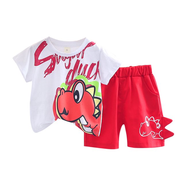 Gibobby Conjunto de trajes informales de 2 uds para niño Ropa para niñas pequeños, bebés, camiseta de dinosaurio de manga corta de verano, Tops, pantalones cortos(Rojo, 12 Meses)