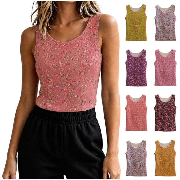 Liweisiy Women's Vintage Tank Tops Floral Sleeveless Crewneck Loose Fit Shirts Summer Casual Layering Tops With Pockets Yellow-2 M