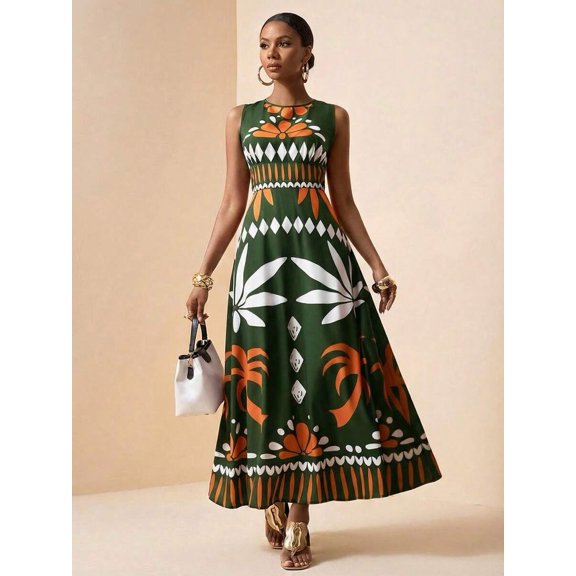 Green Tropical Botanical Print Sleeveless Maxi Dress For Summer Festival, Vacation, Beach, Street Style