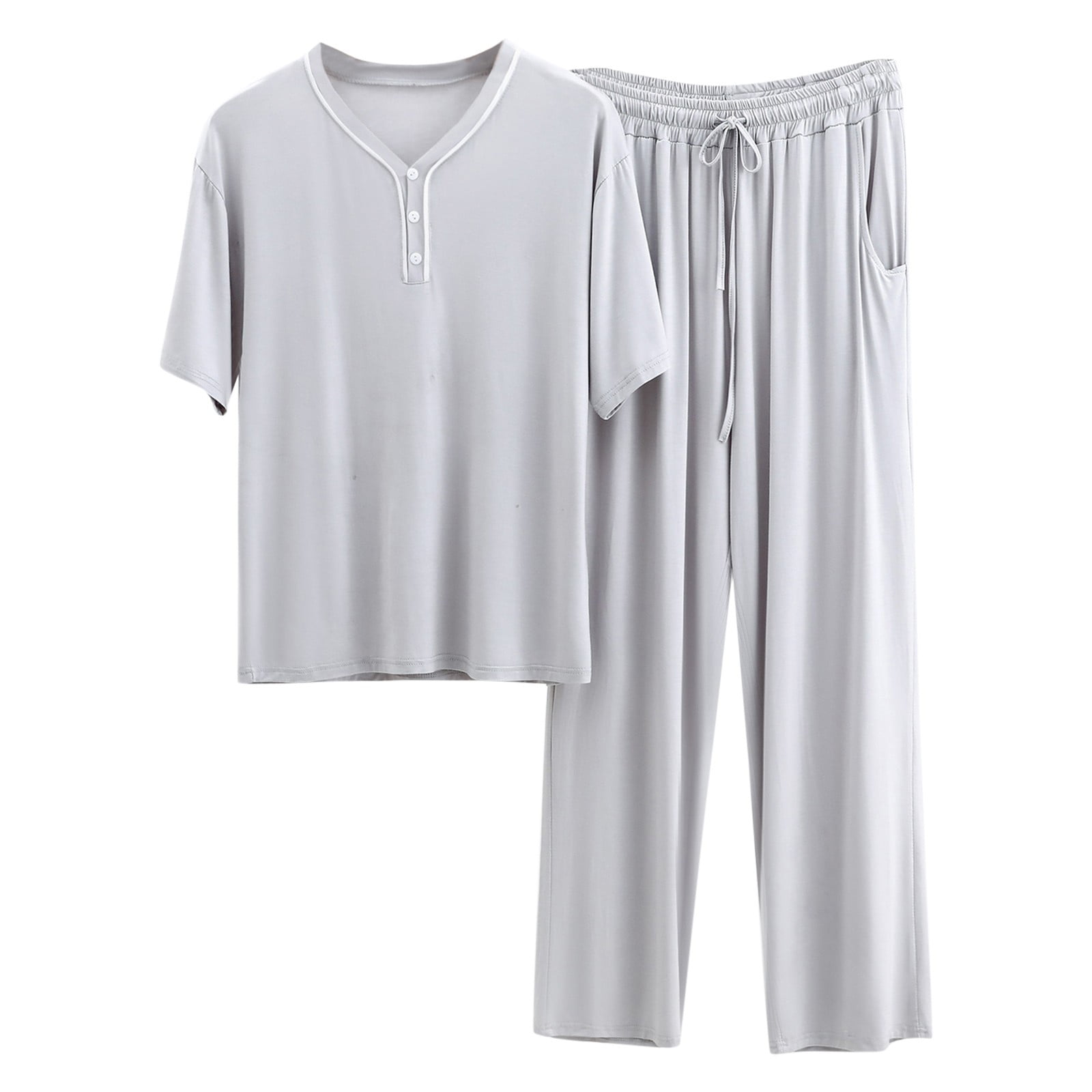 Mens Pajamas Adult Male Boys Pajamas Male Loungewear Button Two Piece Set Short Sleeve Top and Long Pants Solid Color Set Clothes Grey XL