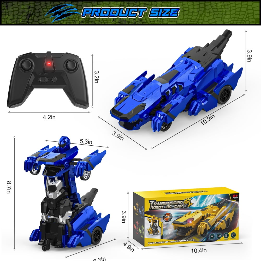 Allaugh 2.4Ghz Remote Control Car Robot Dinosaur Transform RC Cars with 360 °Rotation One Button Deformation Car Toy Gifts for Boys Age 4-7 8-12