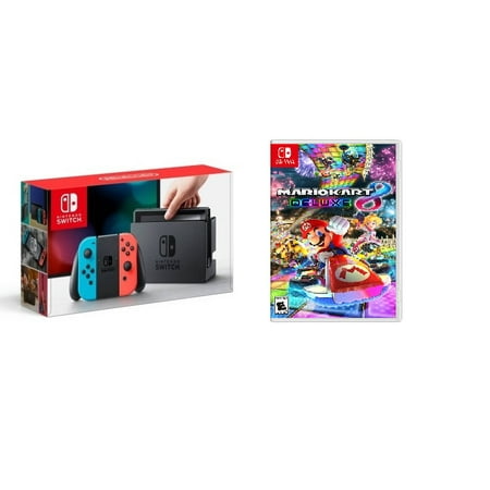 Nintendo Switch Gaming Console Neon Blue and Neon Red Joy-Con Bundle with Mario Kart Deluxe (Nintendo Switch Console Best Price)