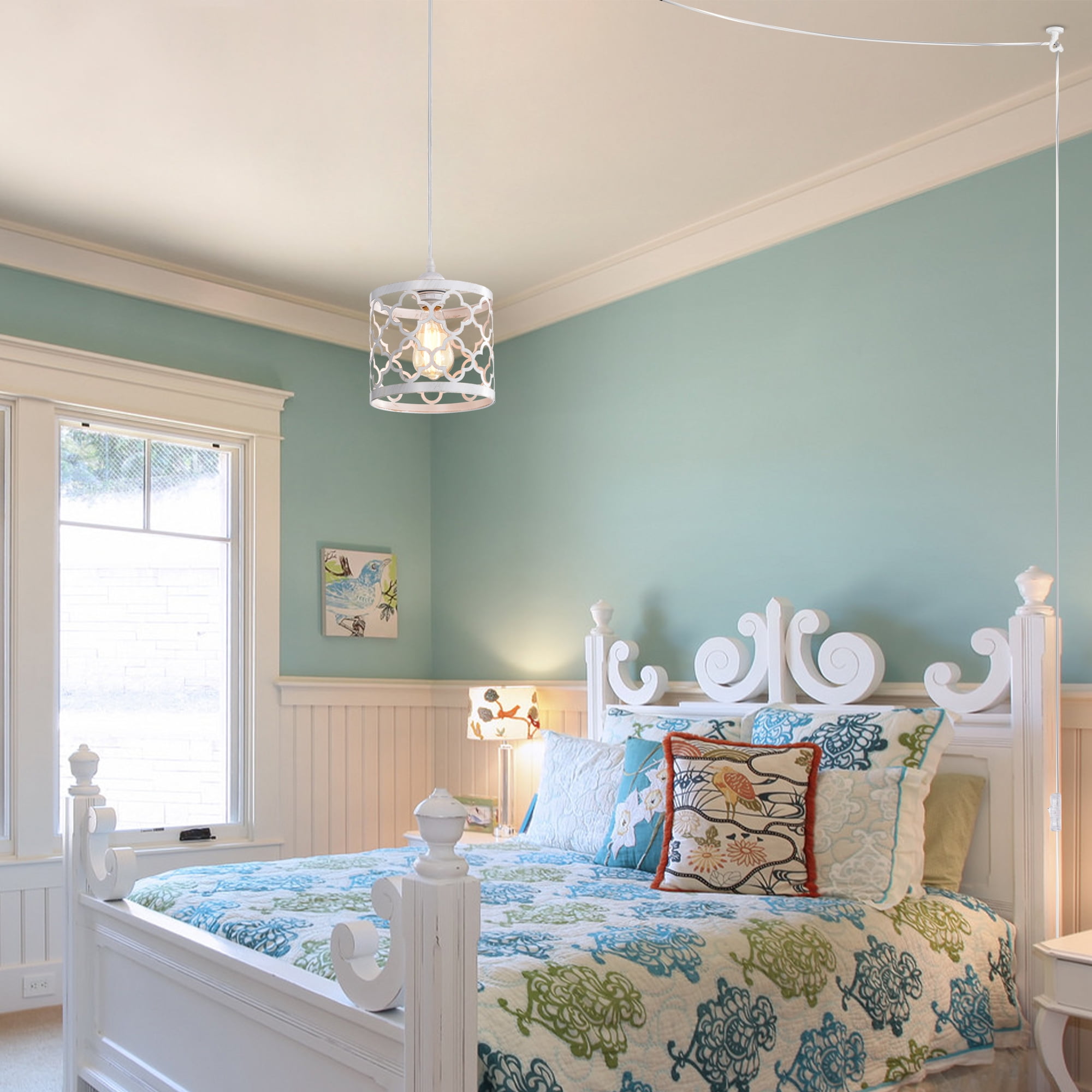 White Plug in Pendant Light with Switch, 19.7FT Hanging Swag Light Fixture with E26 Base, Farmhouse Style Cage Lamp for Bedroom, Kitchen, Living Room