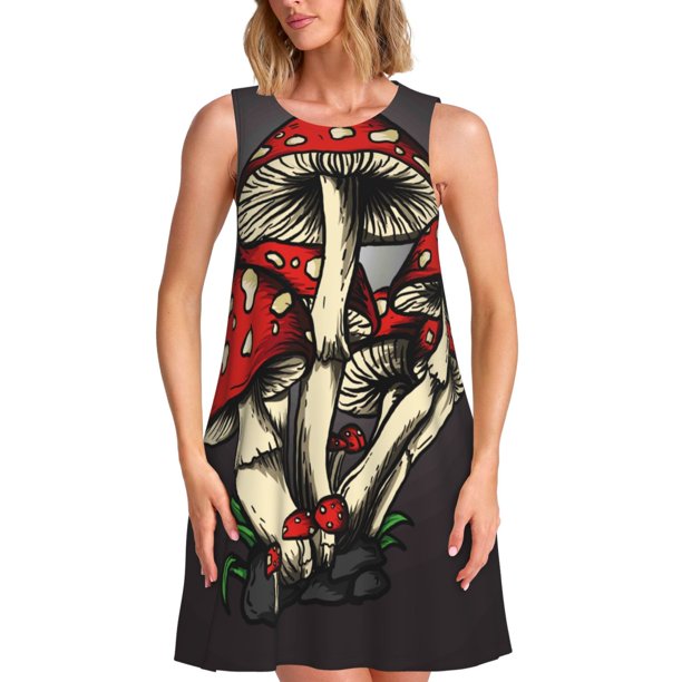 Fotbe Red Mushrooms Vestido de Verano sin Mangas para Mujer – Vestido Midi Línea A, Estilo Camiseta Floral, Vestido Playero Casual y Fluido