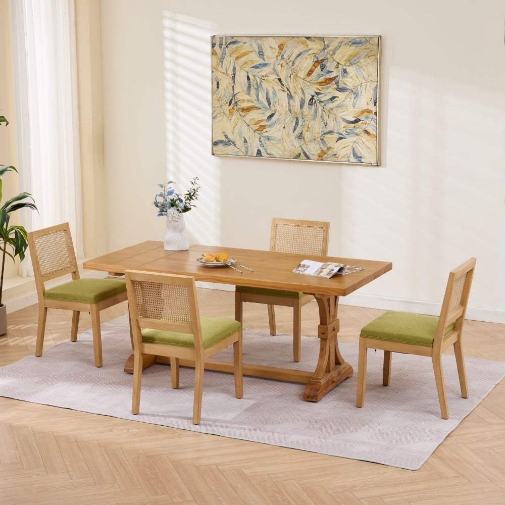 Rattan Dining Chairs Set of 2, Farmhouse Mid Century Modern Kitchen Chairs with Cane Backrest, Linen Upholstered Seat, Solid Wood Frame, Olive Green