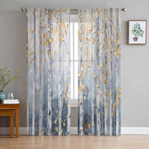 Yellow Blue Forest Sheer Curtains 72 Inches Long 2 Panels Set, Window Sheer Curtains for Living Room/Bedroom, Modern Oil Painting Art Light Filtering Rod Pocket Curtain 52'' x 72'' x 2