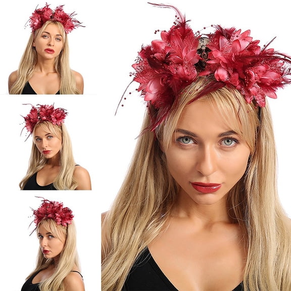 HuangHuanChen Womens Headband Flower Rose Adjustable Headdress Headband Prom Party Halloween Red