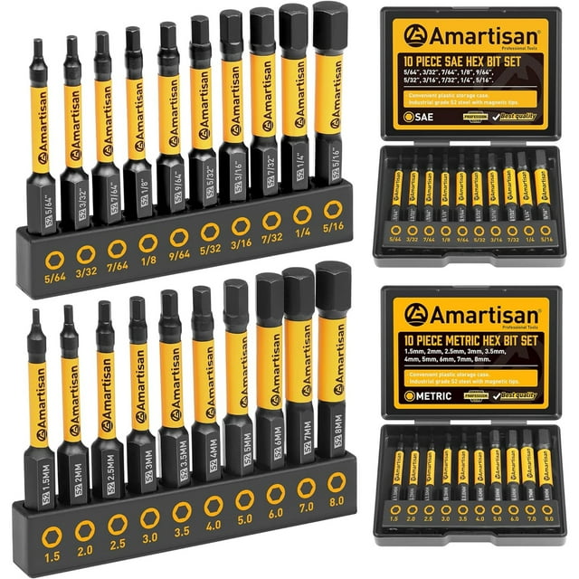 20-Piece Hex Head Allen Wrench Drill Bit Set, Metric and SAE S2 Steel Hex Bits Set, Magnetic Tips, 2.3" Long with Storage Box. (20-Piece Hex Bit Set - New)